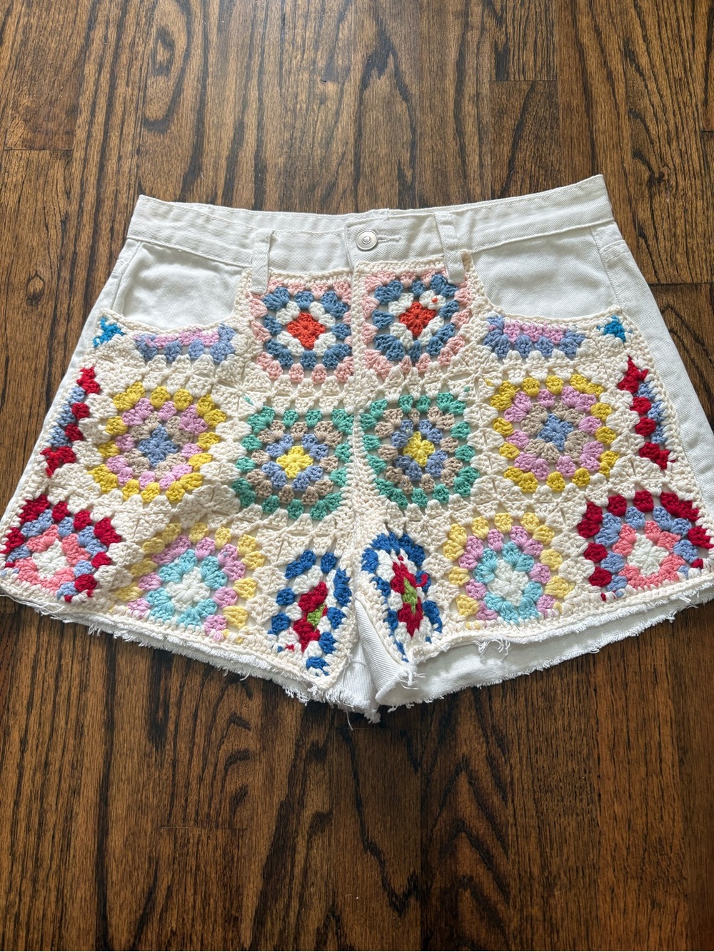 Altar'd State White Denim Shorts with Multicolor Crochet Squares Patch